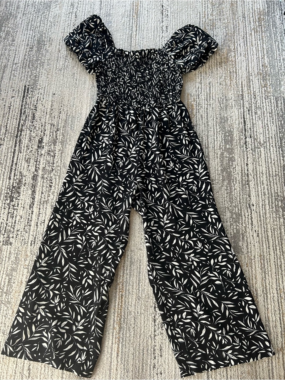 Inspired Hearts Black and White Leaf-Print Off-Shoulder Jumpsuit